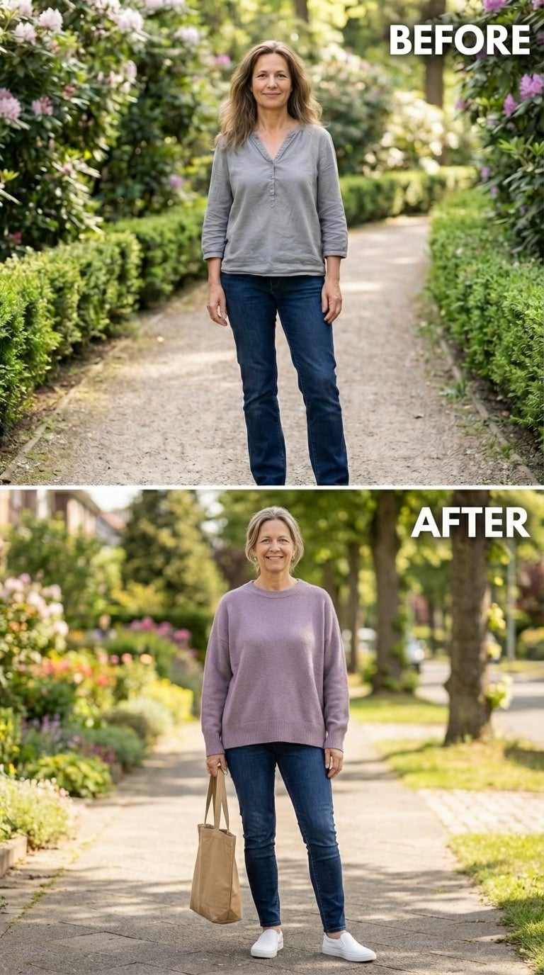 Lavender Crewneck, Skinny Jeans, and the Sidewalk She Finally Walks Like It's Hers