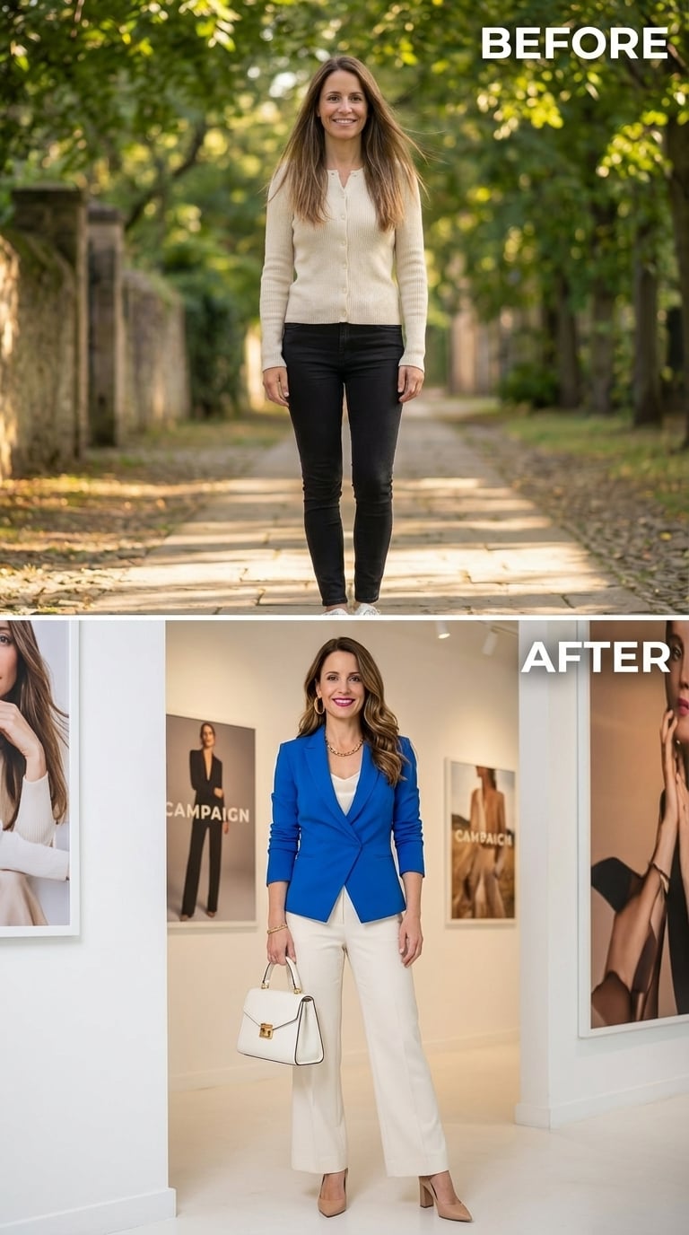 Blue Blazer, White Wide-Leg Trousers, and Dressing Like the Room Already Knows Her Name