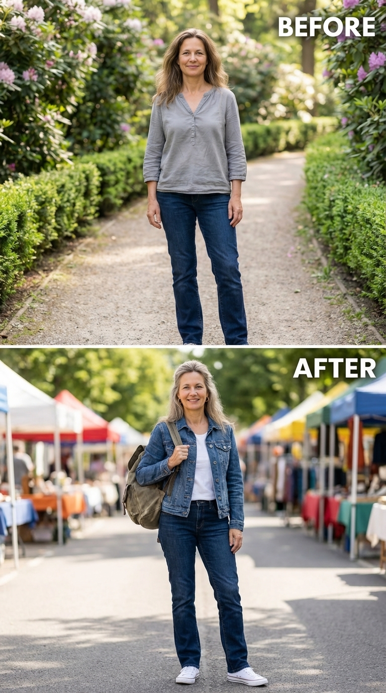 Denim Jacket, White Tee, Dark Straight Jeans, and the Market She Walks Through Without Checking Herself