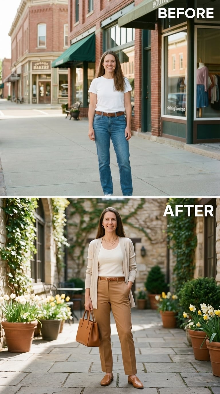 Khaki Trousers, a Cream Cardigan, and Dressing Like She Finally Stopped Asking