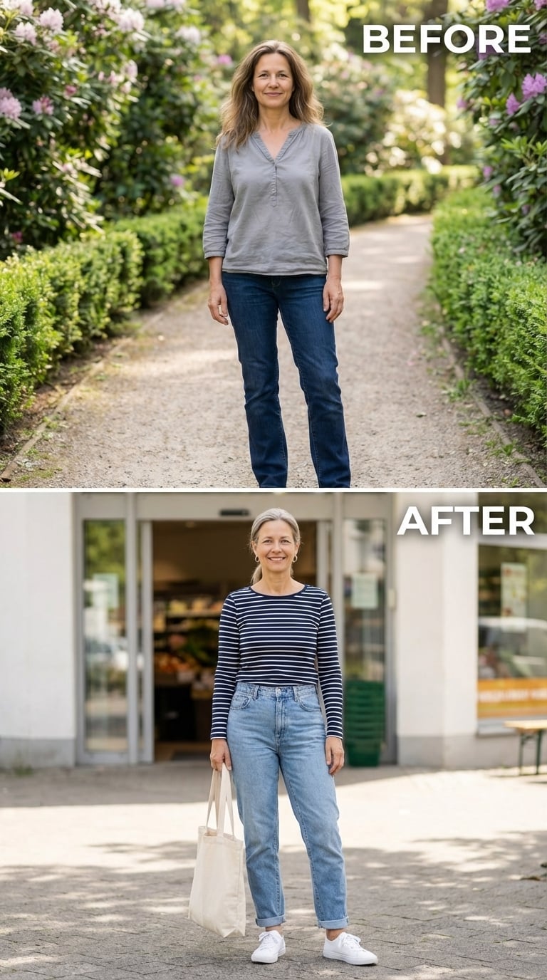 Navy Stripe, Light-Wash Denim, and the Grocery Run She Does Without Shrinking Anymore