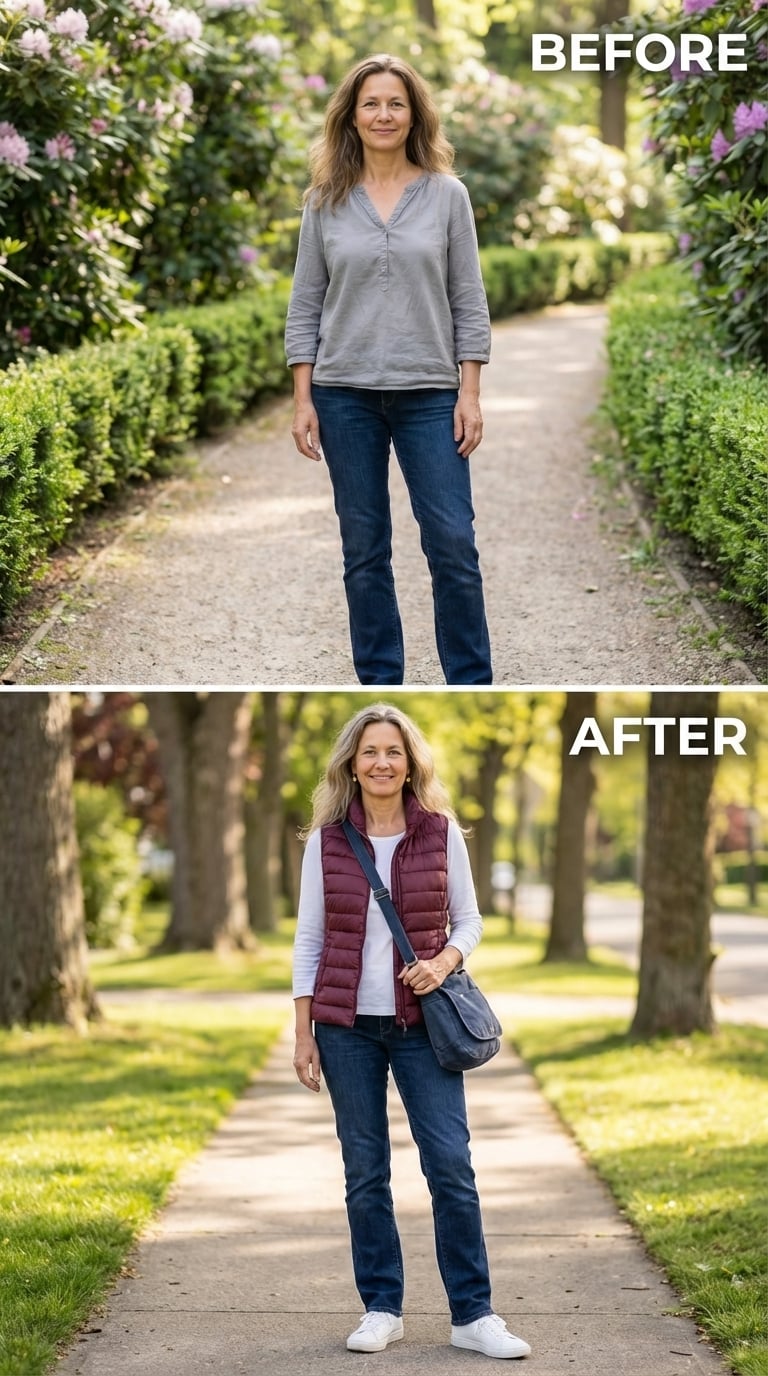 Burgundy Puffer Vest, White Layer, and the Sidewalk She Walks Like She Scheduled It