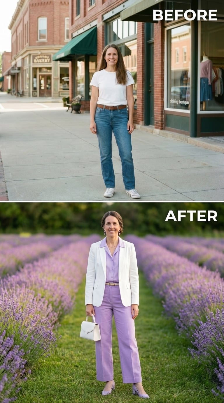 Lavender Head-to-Toe, a White Blazer, and Dressing Like She Stopped Shrinking