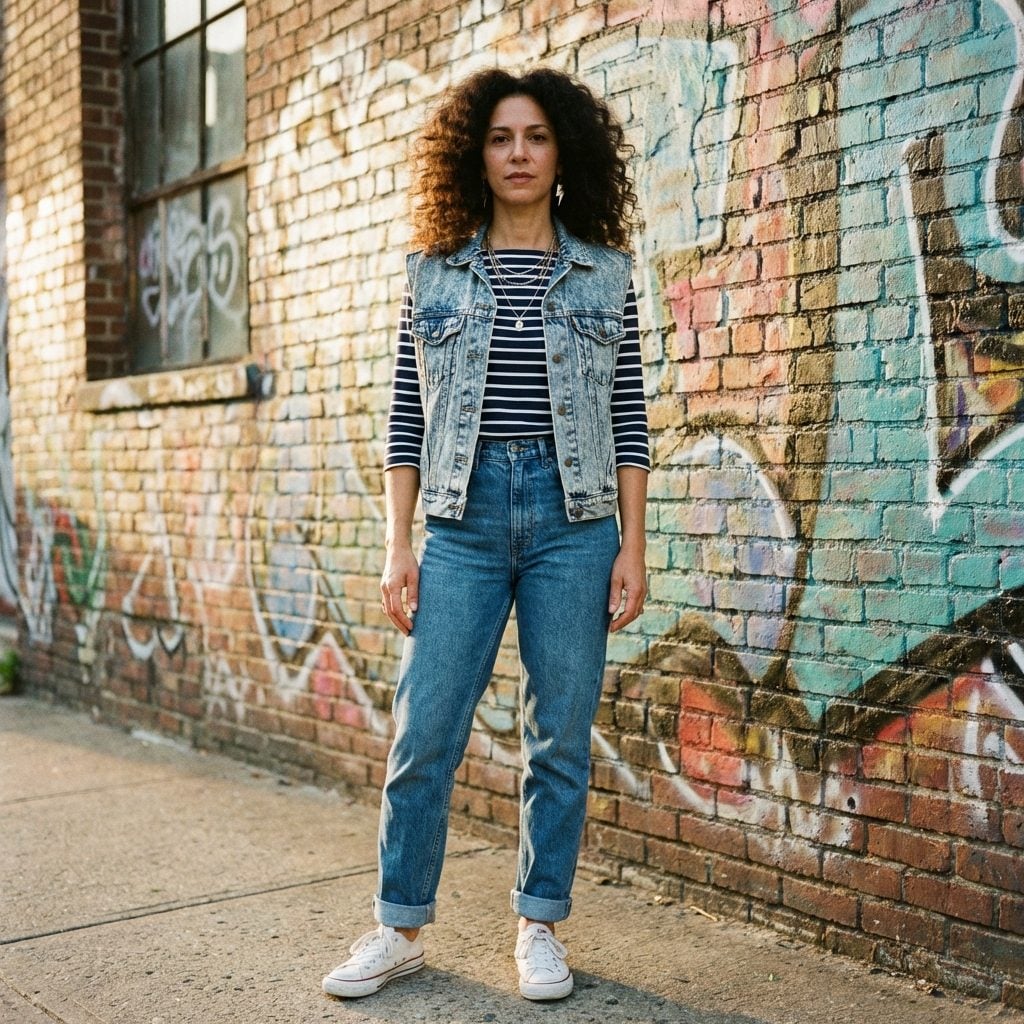 Acid-Washed Denim Vest Over a Striped Boatneck Shirt