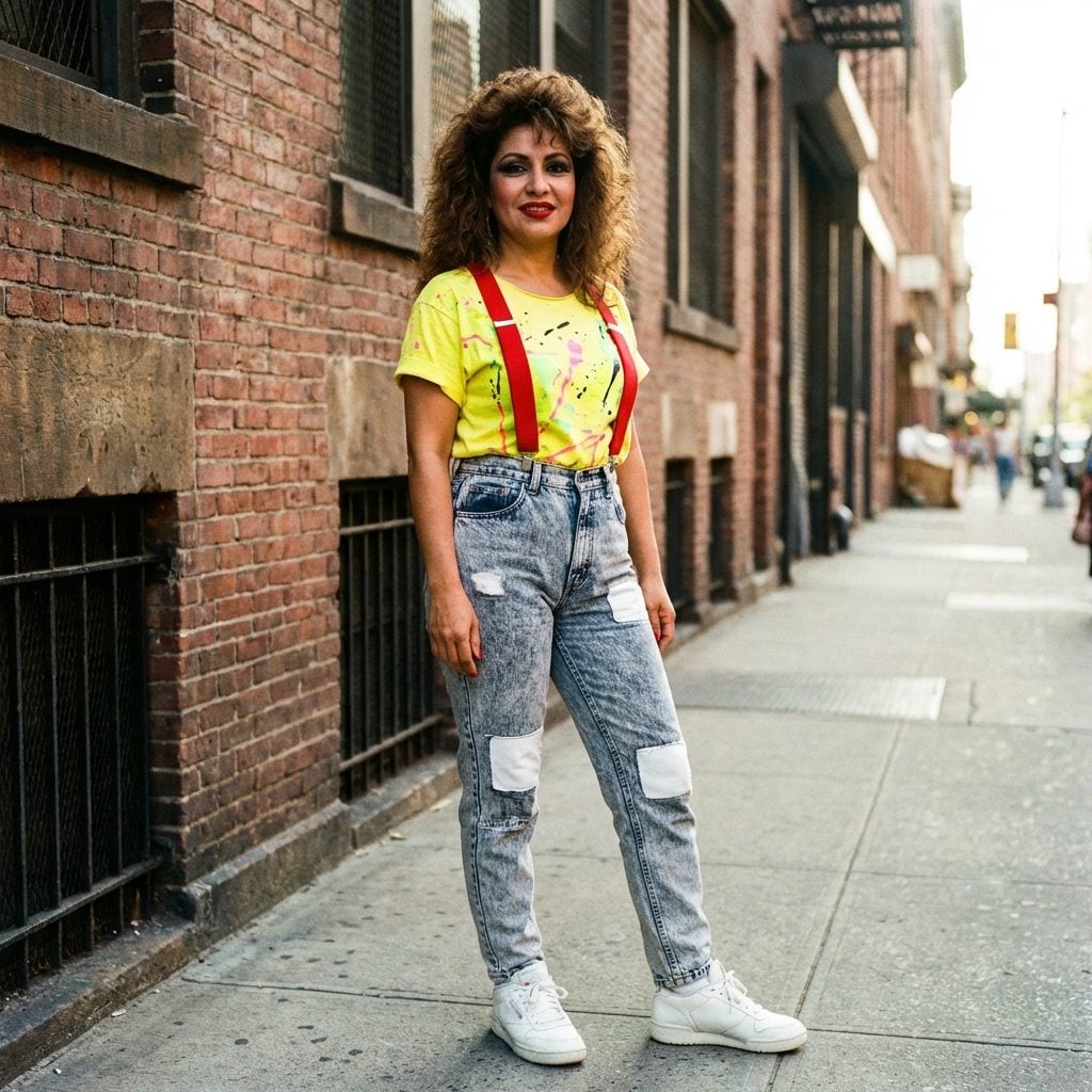 Stone-Washed Jeans, a Tucked-In Graphic Tee, and Suspenders