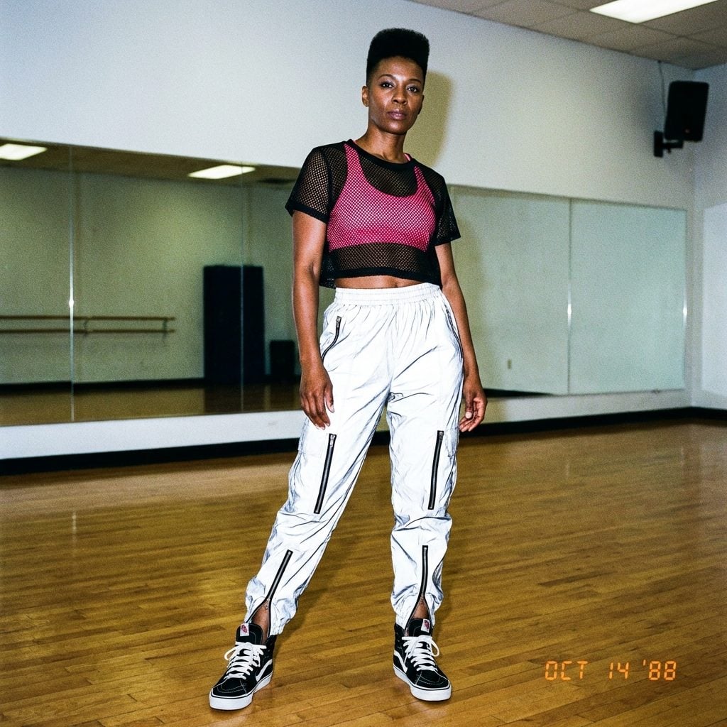 Parachute Pants With a Cropped Mesh Top and High-Top Sneakers