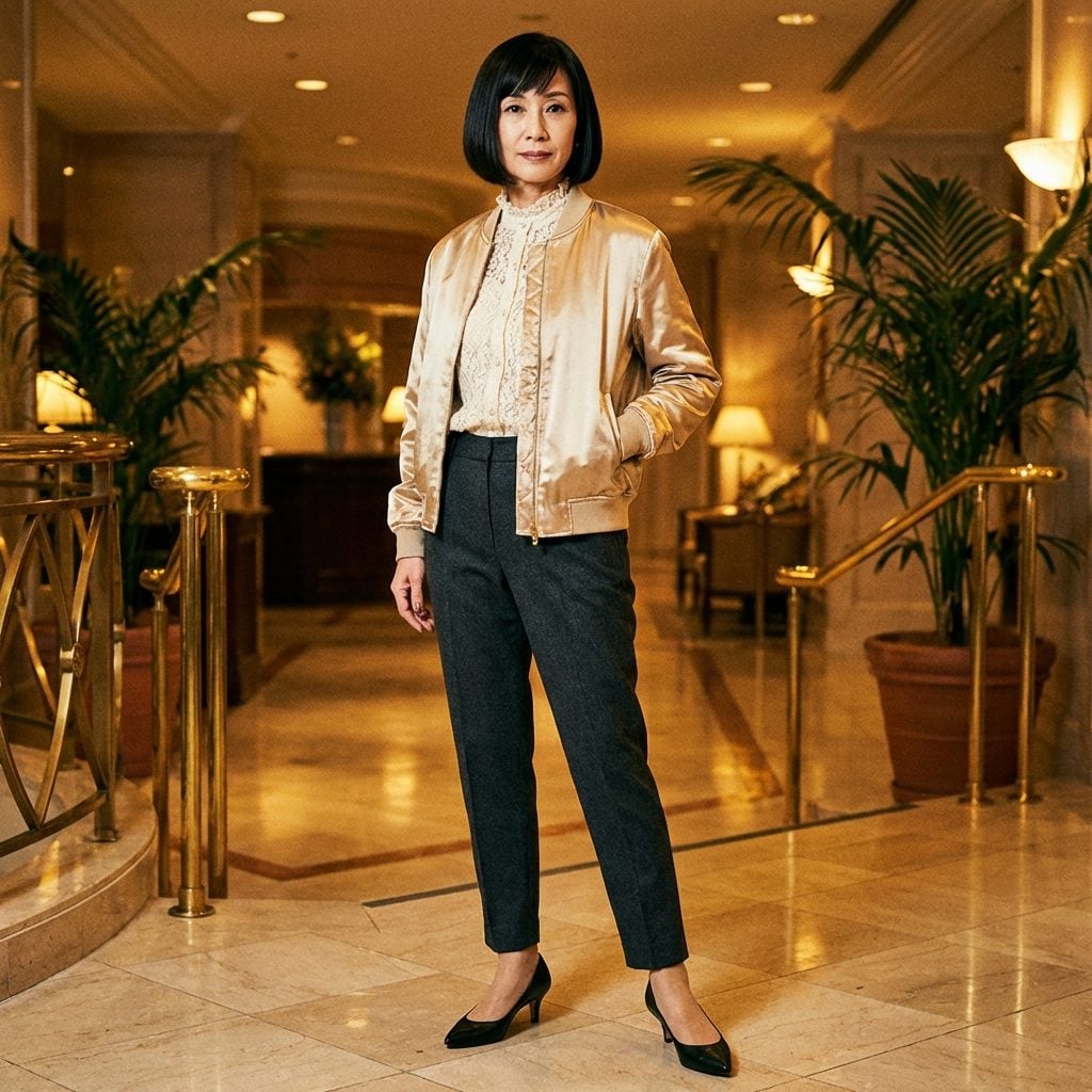 Satin Bomber Jacket Over a Lace Blouse and Tapered Wool Trousers