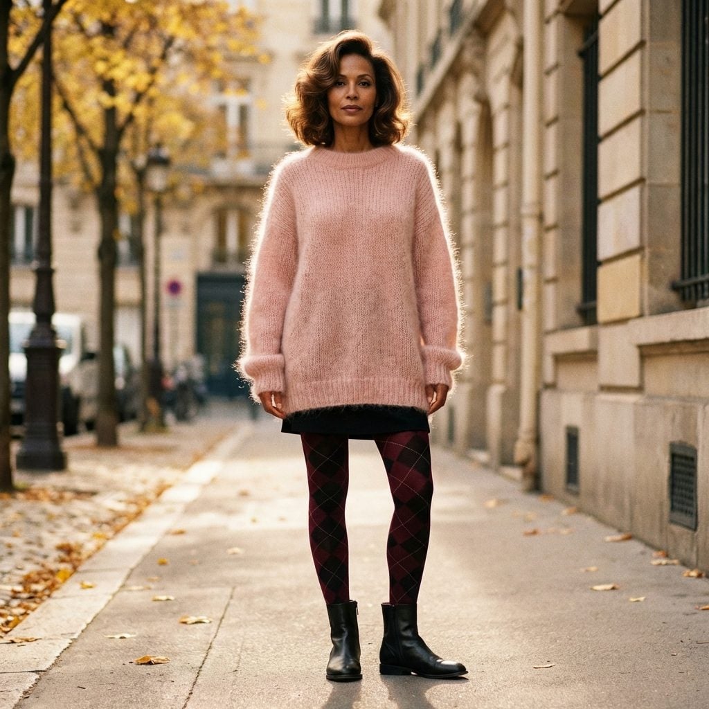 Mini Skirt Over Patterned Tights With a Giant Mohair Sweater