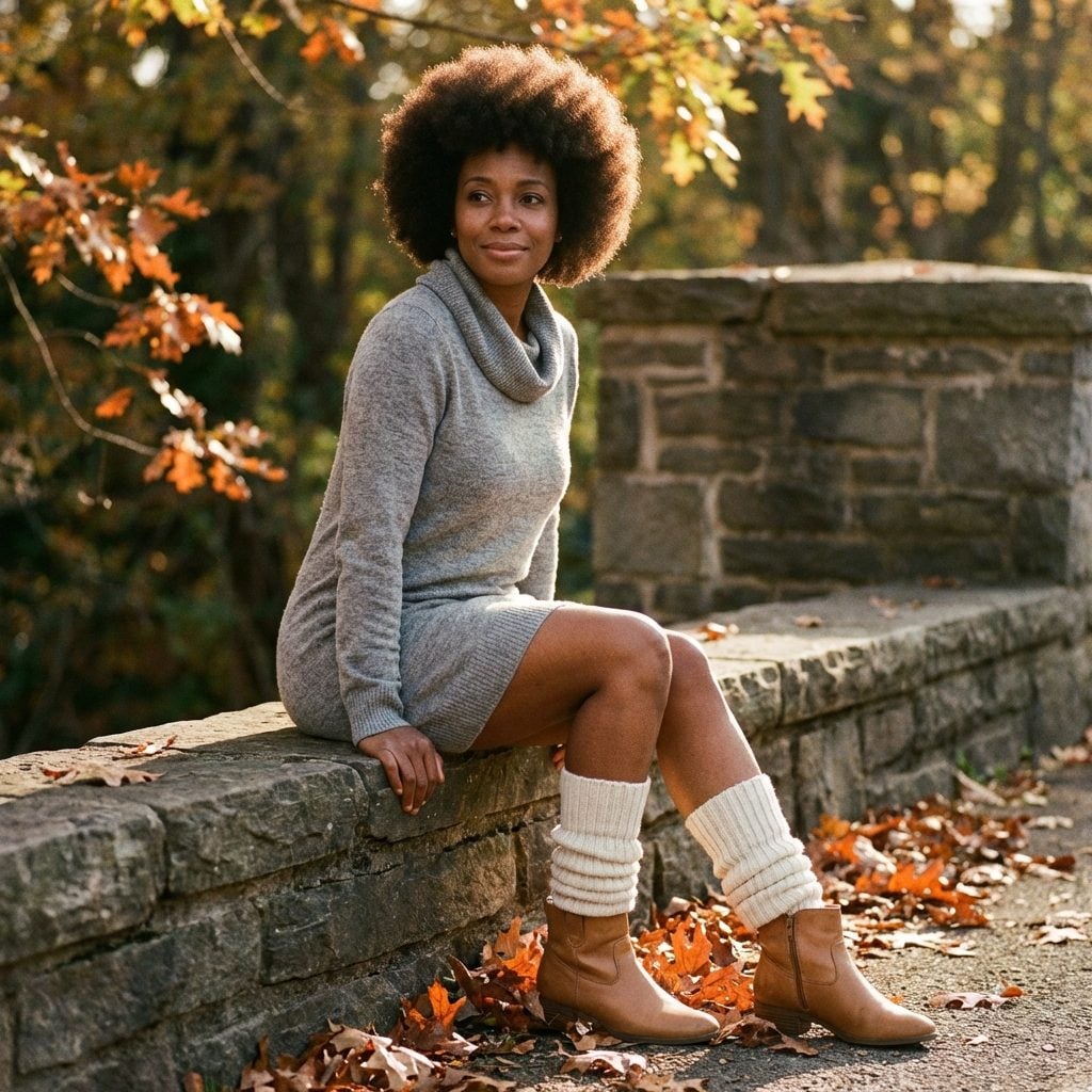 Cowl Neck Sweater Dress With Leg Warmers and Ankle Boots