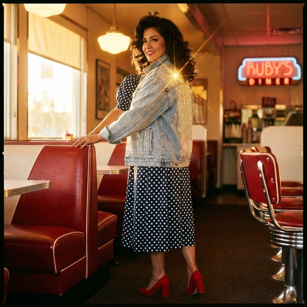 Rhinestone-Studded Denim Jacket Over a Polka Dot Dress