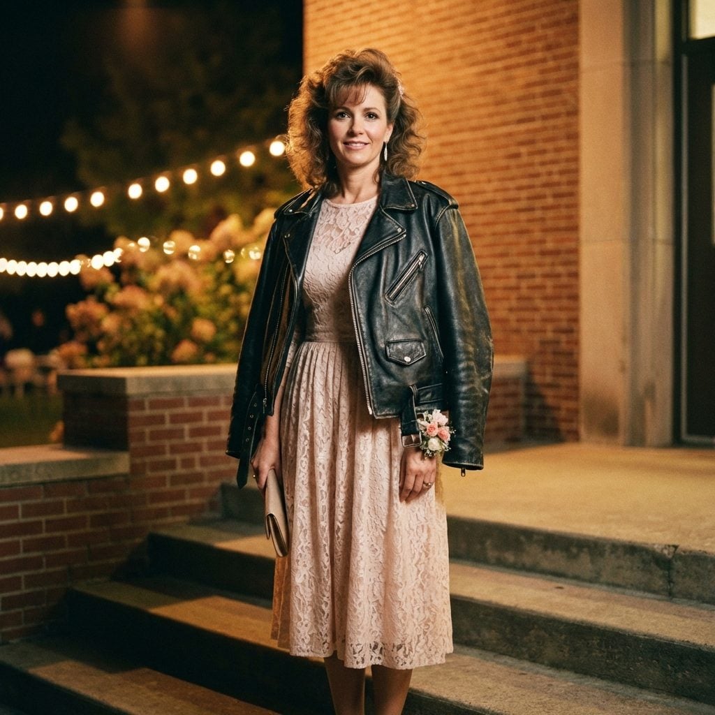 Leather Jacket Thrown Over a Lace Prom Dress