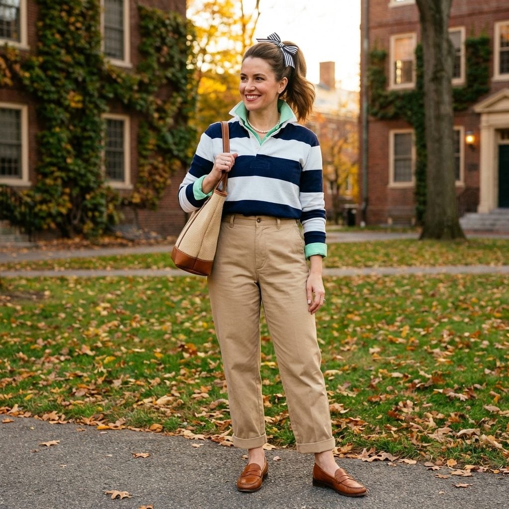 Pastel Polo With the Collar Popped, Layered Over a Rugby Stripe Shirt