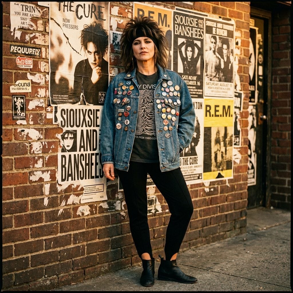 Denim Jacket Covered in Pins Over a Band Tee and Stirrup Pants