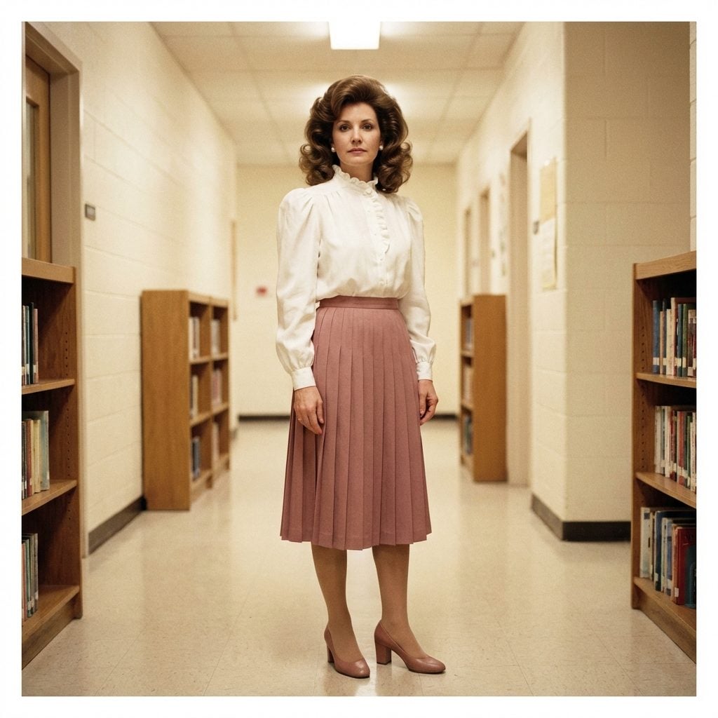 Puffed Sleeve Blouse Tucked Into a High-Waisted Pleated Skirt