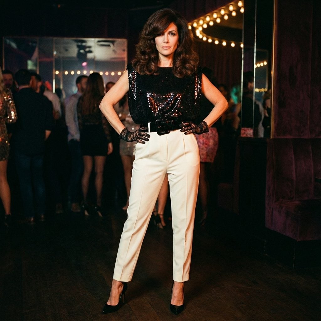 Fingerless Gloves Paired With a Sequined Top and Tapered Trousers