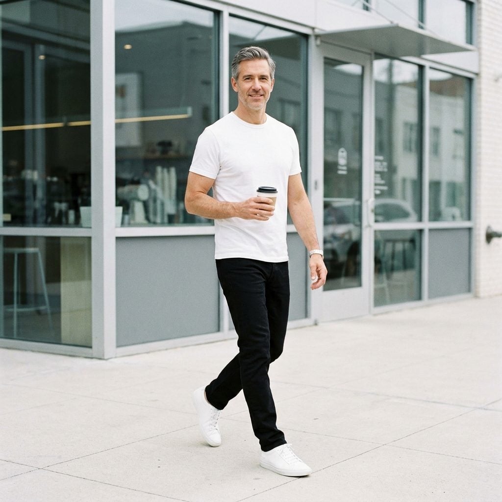 A White T-Shirt, Dark Jeans, and Clean Shoes Shouldn't Look That Good