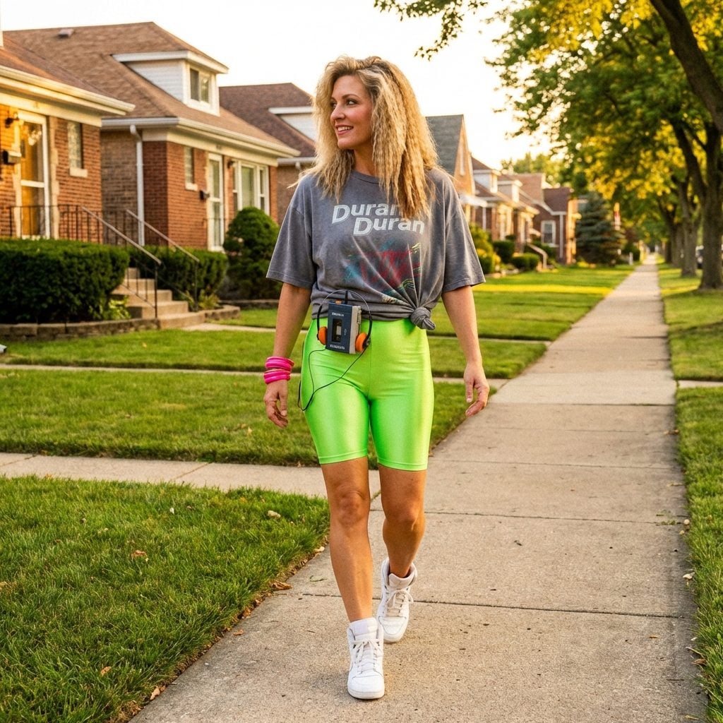Neon Spandex Bike Shorts With an Oversized Band Tee Knotted at the Hip