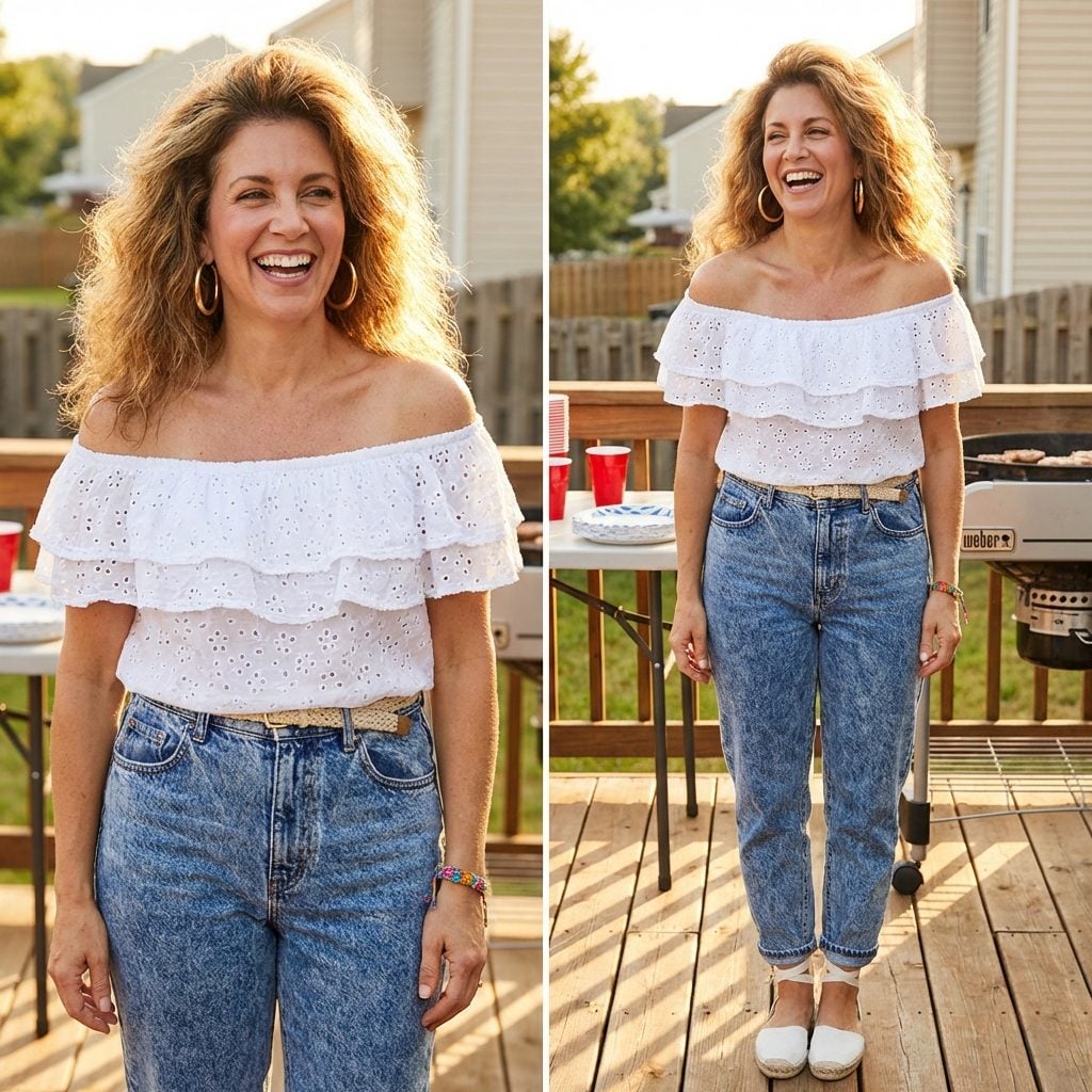 Off-the-Shoulder Ruffled Tops Worn With Everything, Including Jeans in July