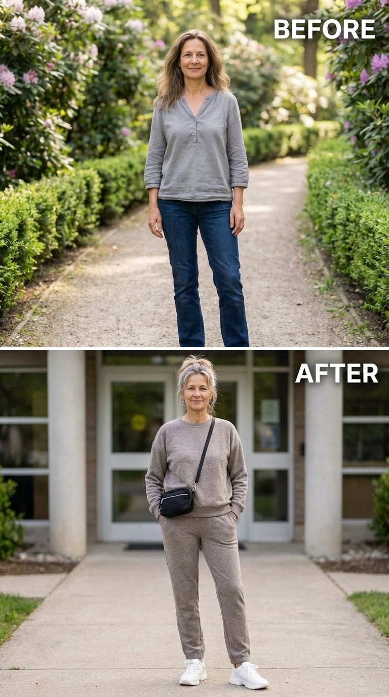 Greige Sweatsuit, Crossbody Strap, and the Building She Walks Into Without Apologizing