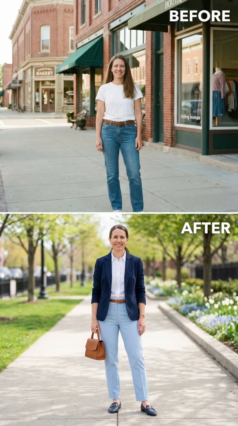 Navy Blazer, Ice-Blue Trousers, and Dressing Like She Stopped Shrinking Into the Background