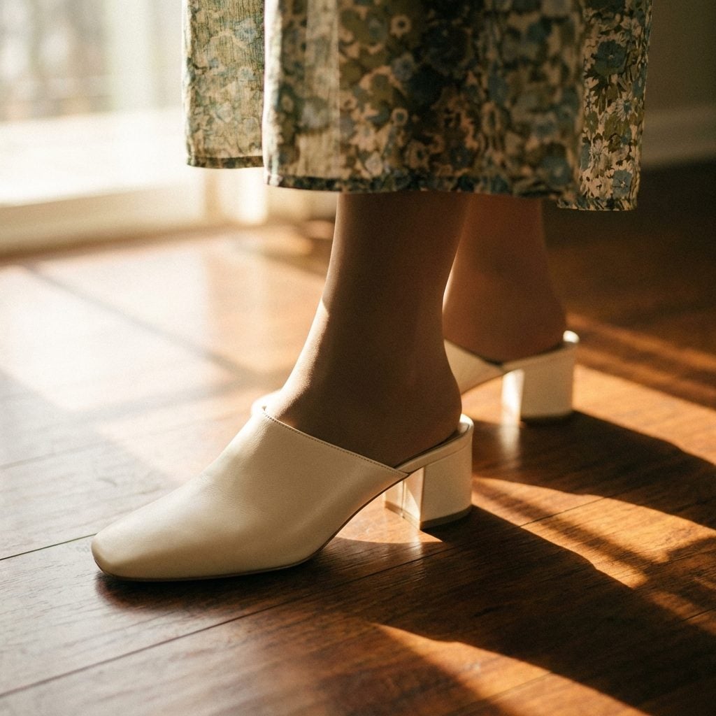 Low-Heeled Leather Mules in Bone or Blush
