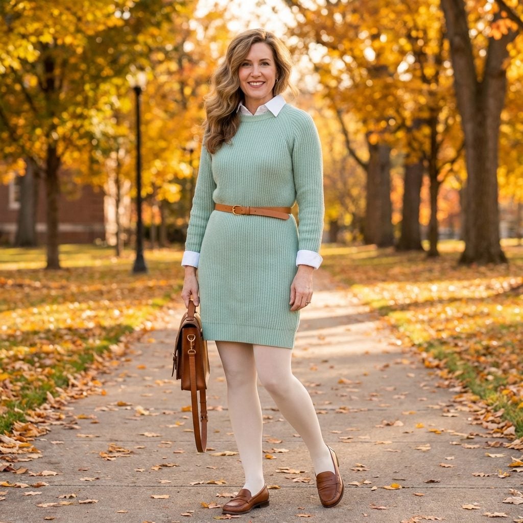 The Sweaterdress in Pastel Knit Worn Over a Collared Shirt