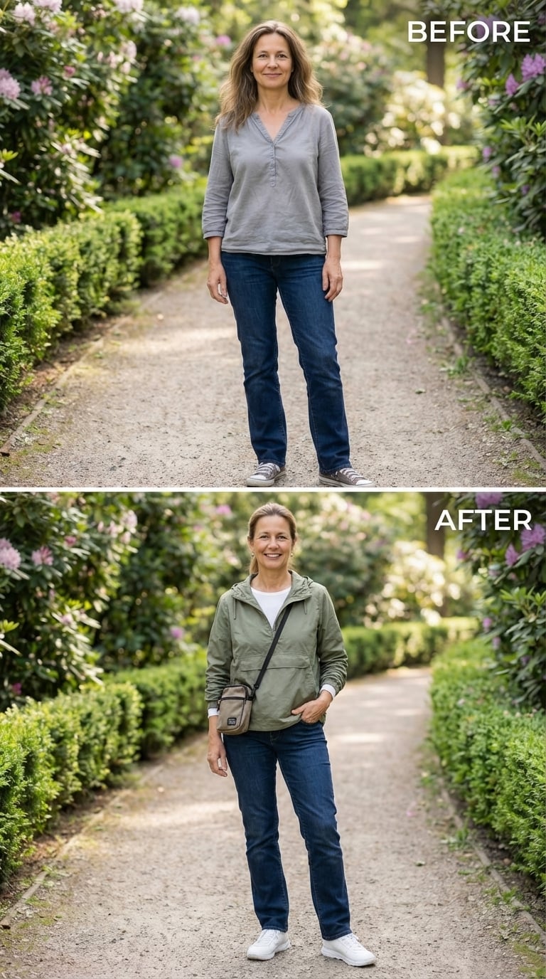 Green Zip Jacket, Crossbody Strap, and the Garden Path She Walks Without Checking Anyone's Face