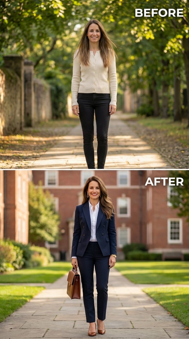 Navy Double-Breasted Blazer, Brown Leather Bag, and Owning the Walk Before She Reaches the Door