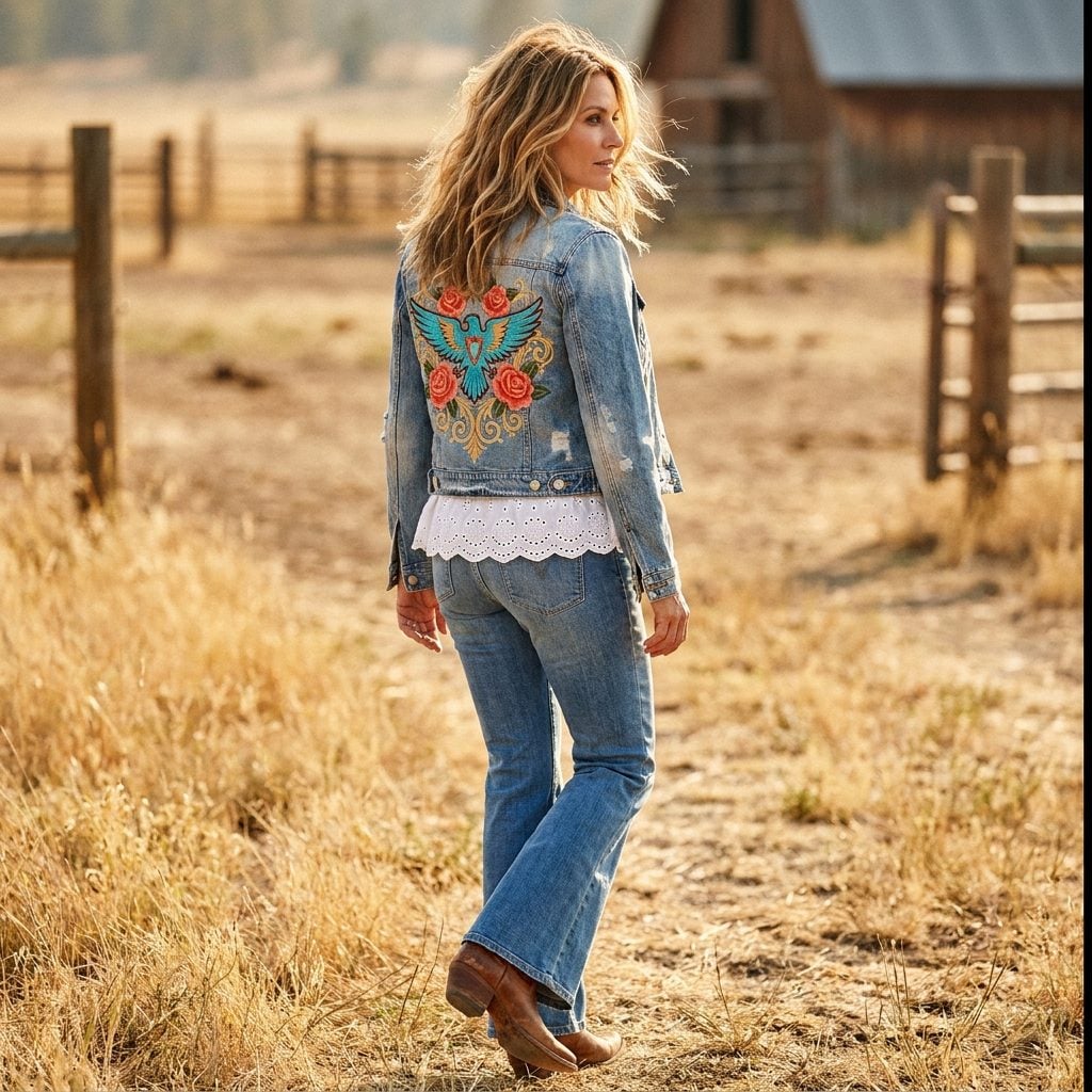 Embroidered Yoke Denim Jackets With Western Roses and Thunderbirds Across the Back