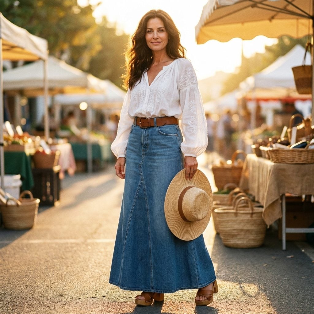 Denim Maxi Skirts With A-Line Silhouettes That Swept the Ground (and Everything on It)