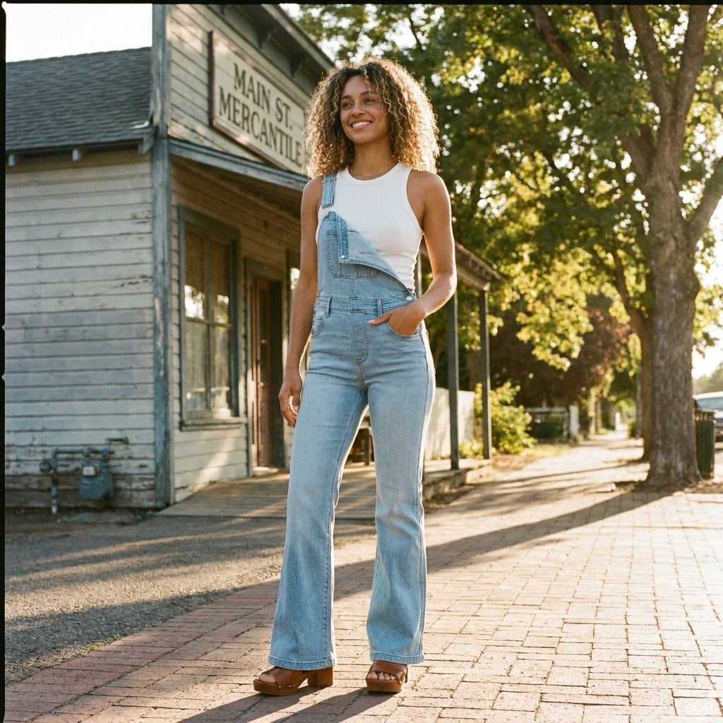 Flare-Leg Denim Overalls With the One Strap Always Undone (On Purpose)