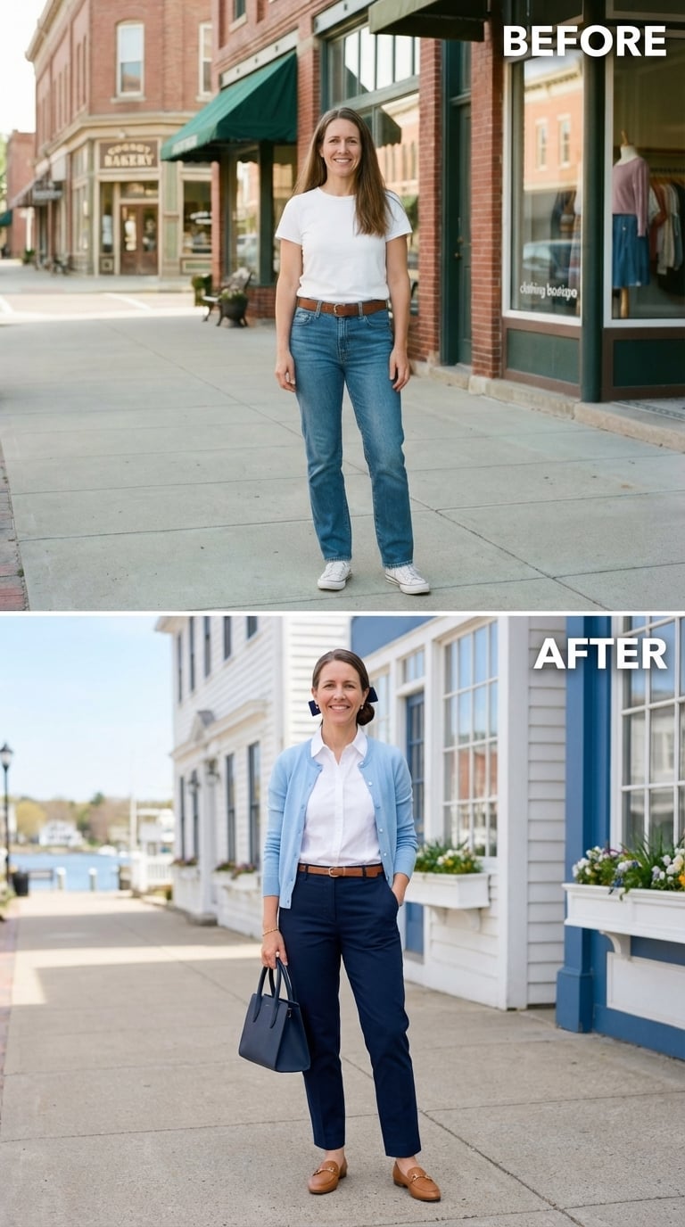 Navy Trousers, a Sky Cardigan, and Dressing Like She Chose Herself First
