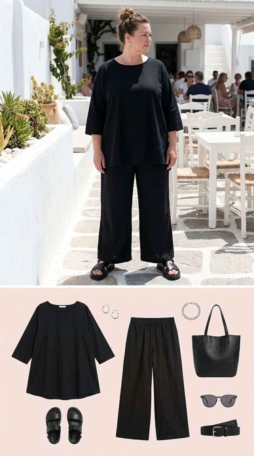 Head-to-Toe Dark Outfits in Heavy Summer Fabrics That Erase All Dimension
