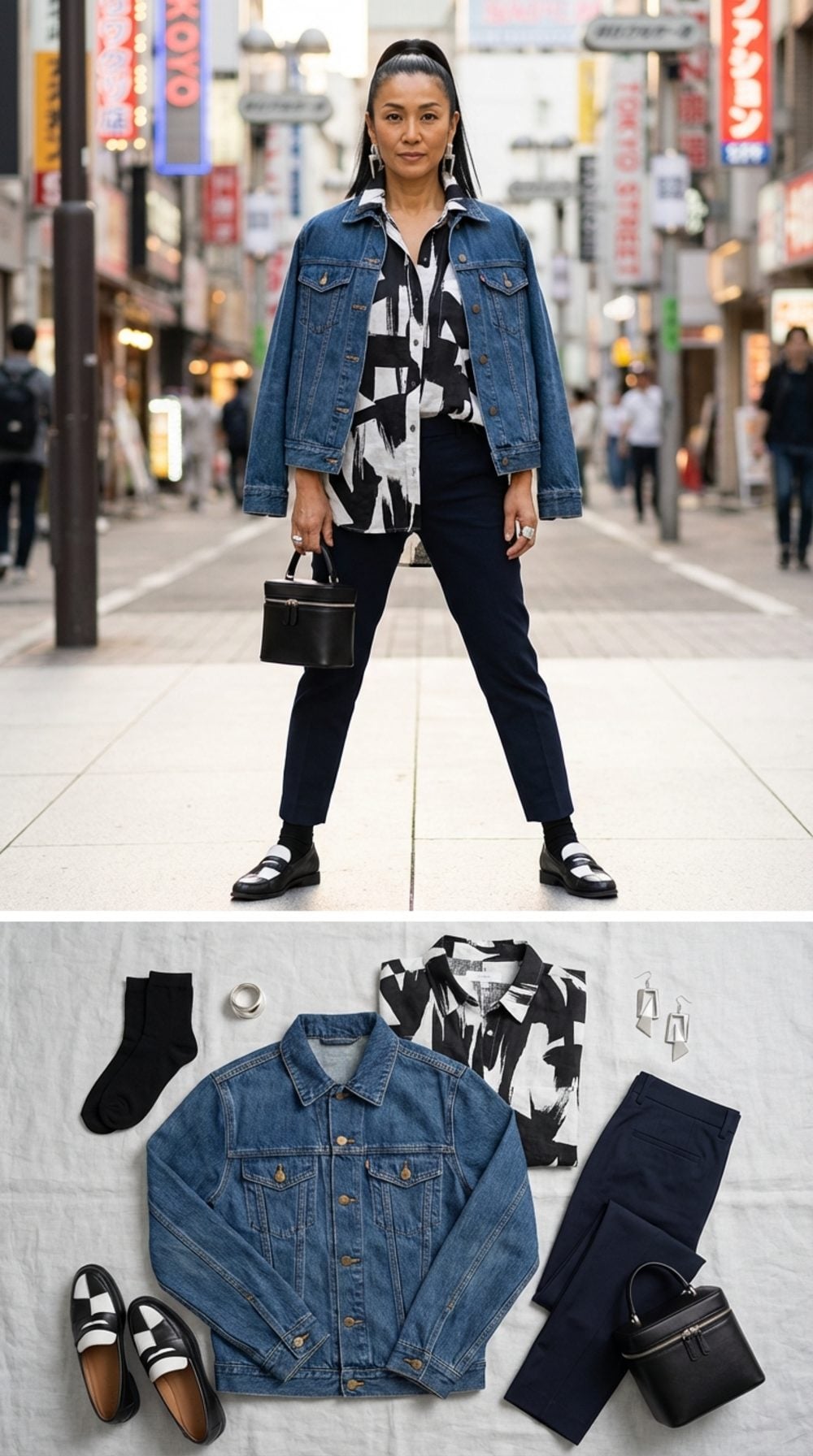 Tokyo Street Style in Indigo Wash and Graphic Linen