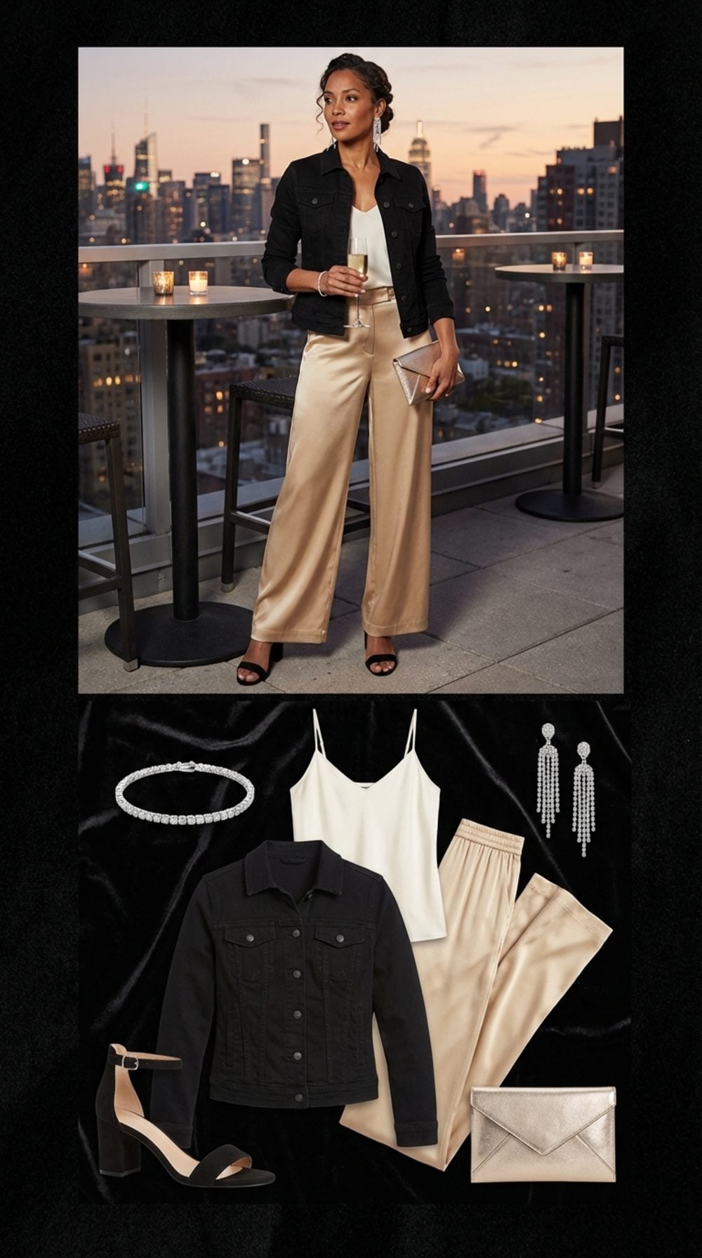 Rooftop Cocktails in Black Denim and Champagne Silk