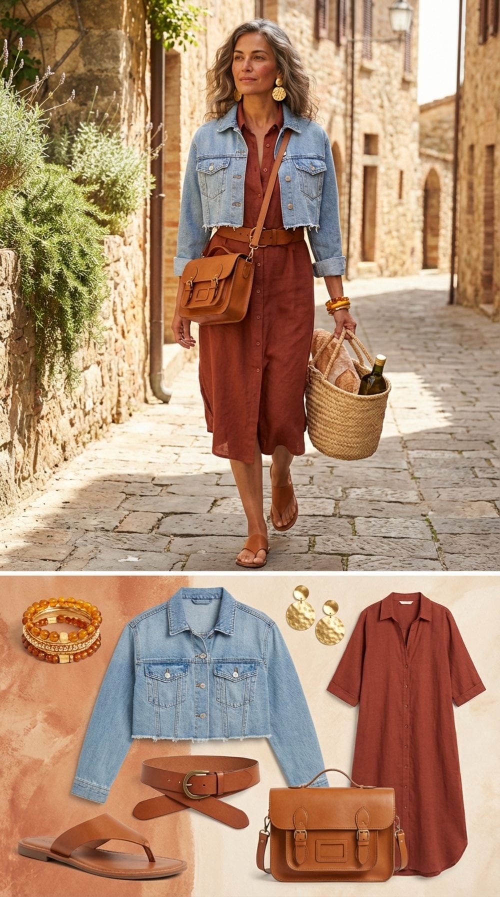 Umbrian Hilltown in Terracotta Linen and Cropped Raw Denim