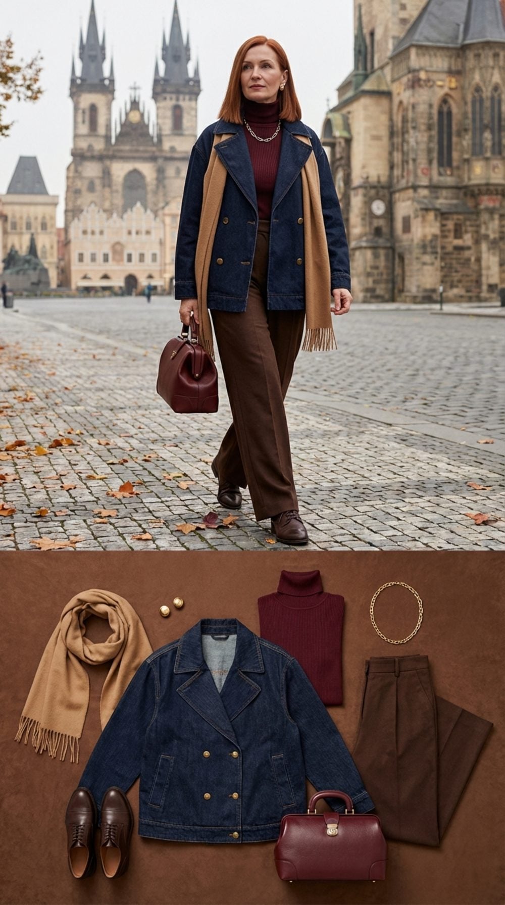Prague Autumn in Deep Burgundy and Dark Wash Statement Denim