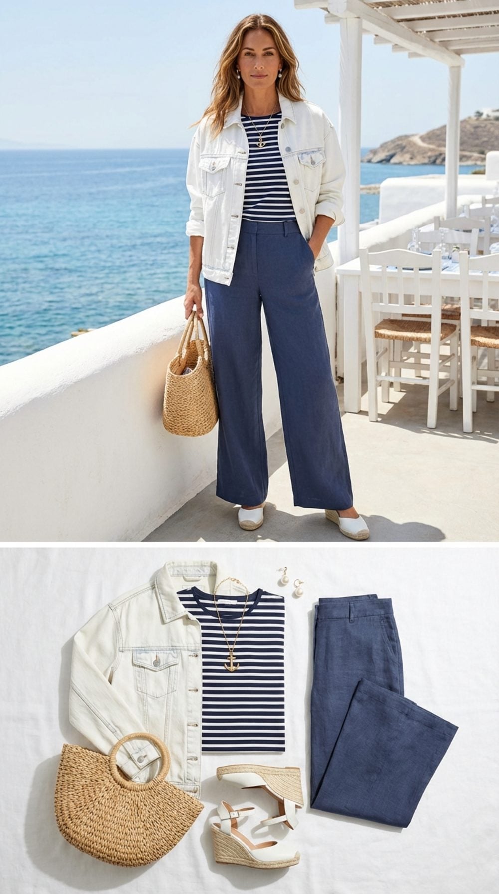 Coastal Lunch in Washed White Denim and Marine Stripe