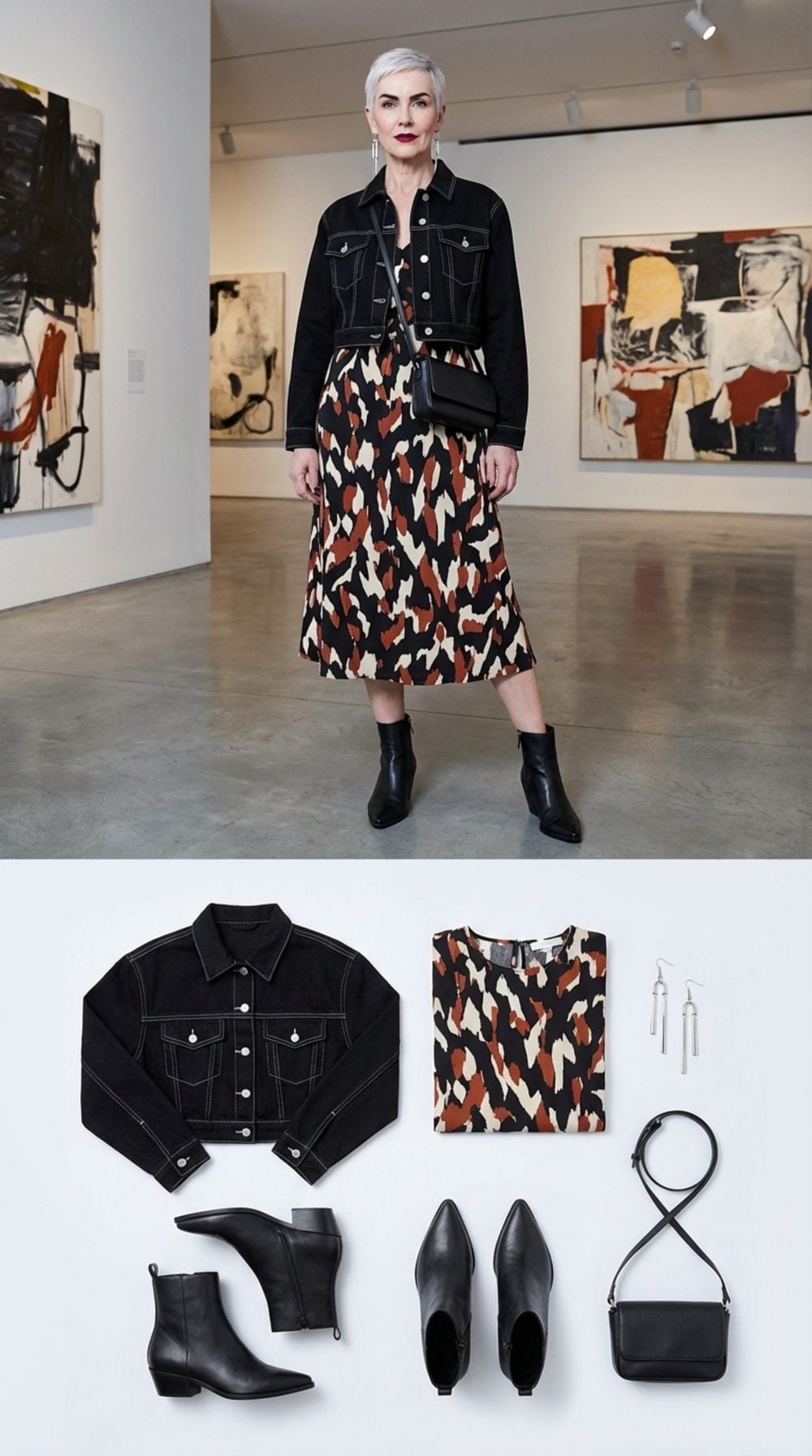 Gallery Opening in Cropped Black Denim and Abstract Print
