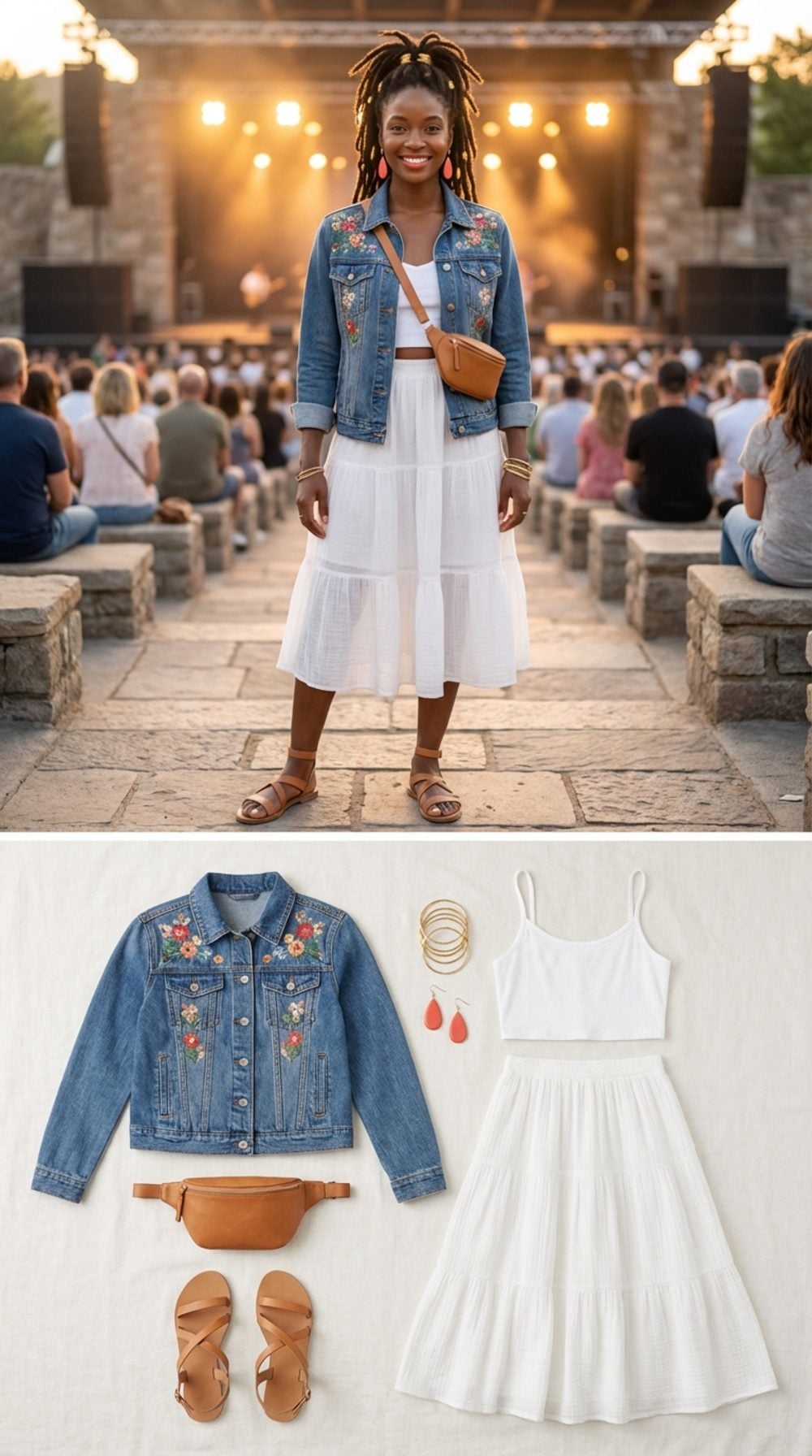 Open-Air Concert in Embroidered Denim and Flowing Gauze