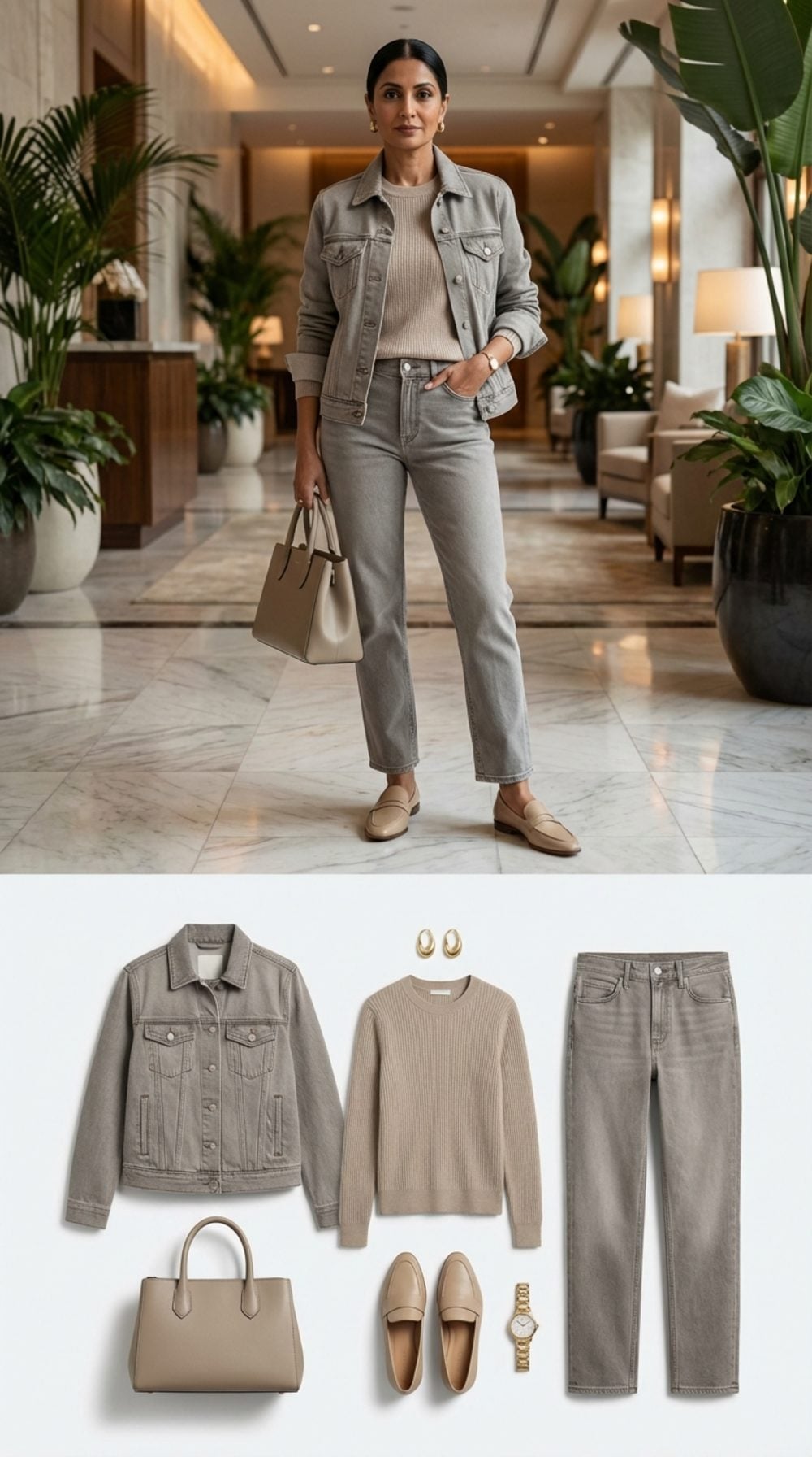 Hotel Lobby Checkout in Stone Denim and Putty Leather