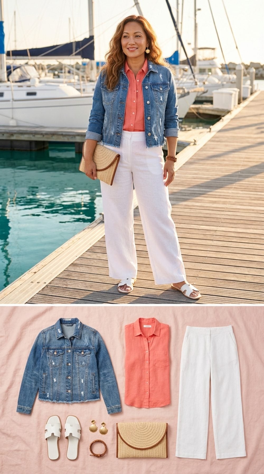 Harbor Walk in Distressed Denim and Coral Linen