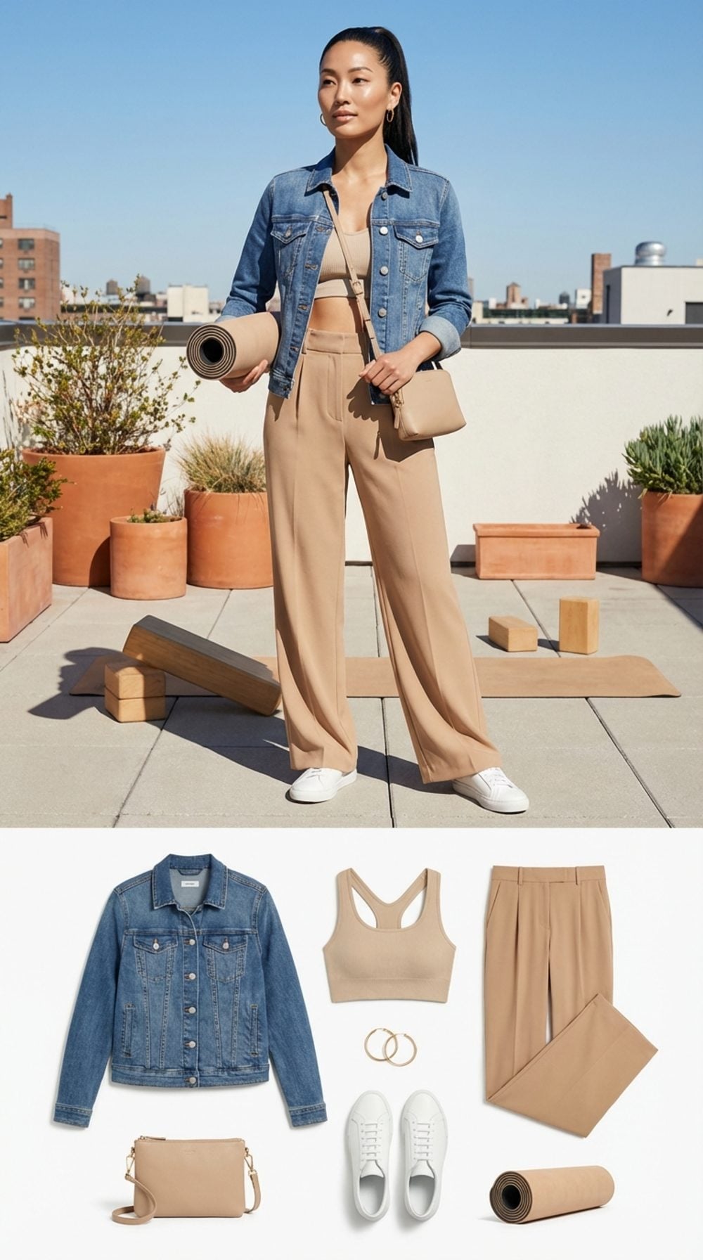 Rooftop Yoga Brunch in Stretch Denim Jacket and Elevated Athleisure