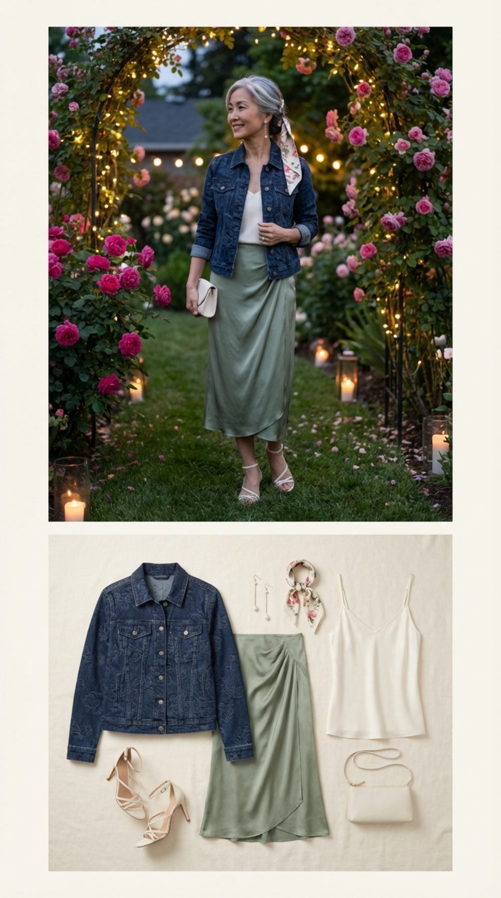 Twilight Garden Party in Floral Embossed Denim and Sage Silk