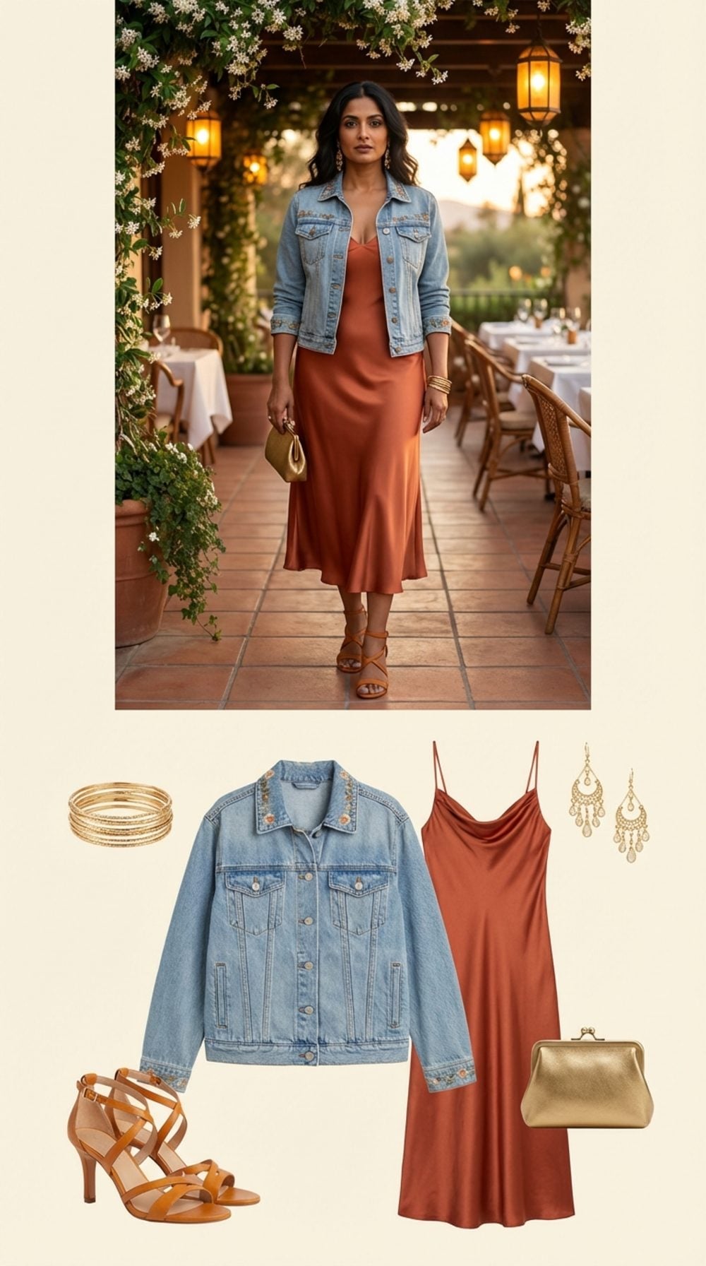 Terracotta Summer Evening in Embroidered Denim and Silk