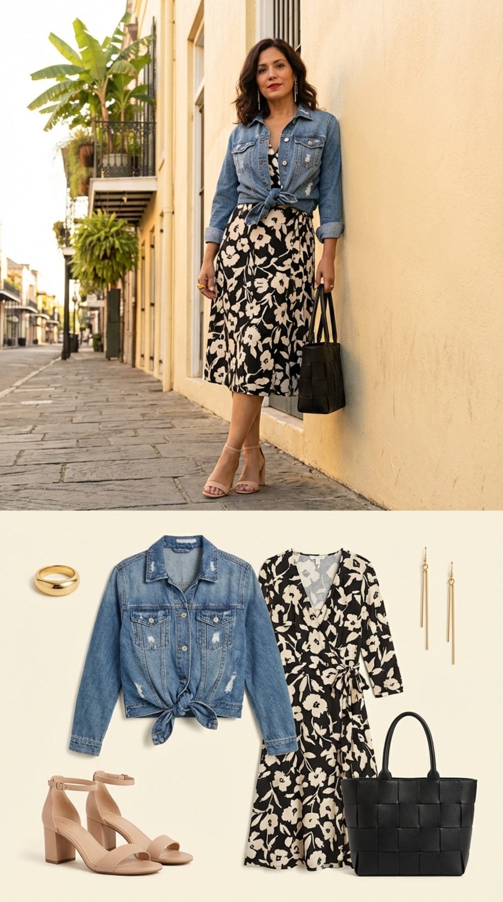 French Quarter Afternoon in Printed Midi and Distressed Denim