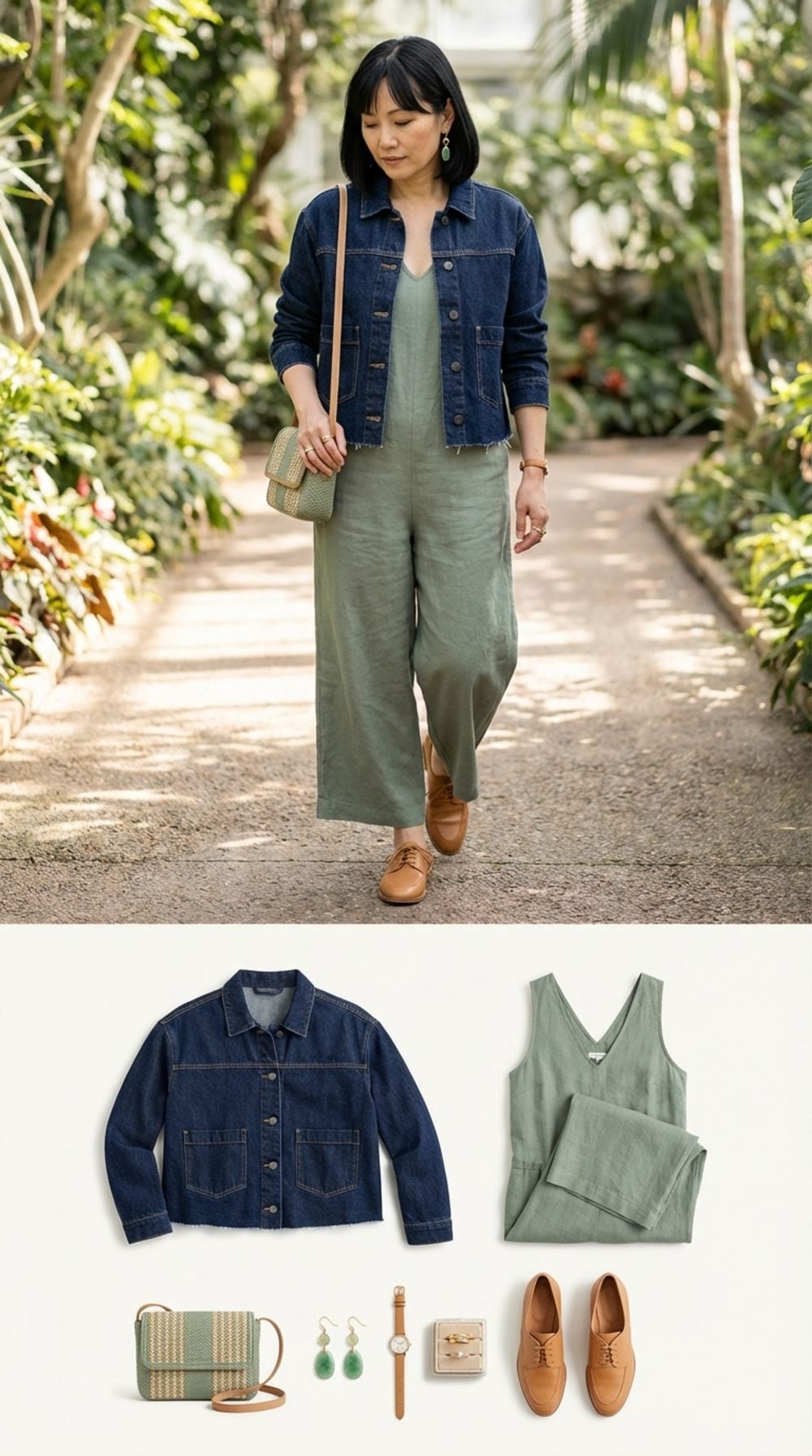 Botanical Garden Stroll in Sage Green and Raw Denim