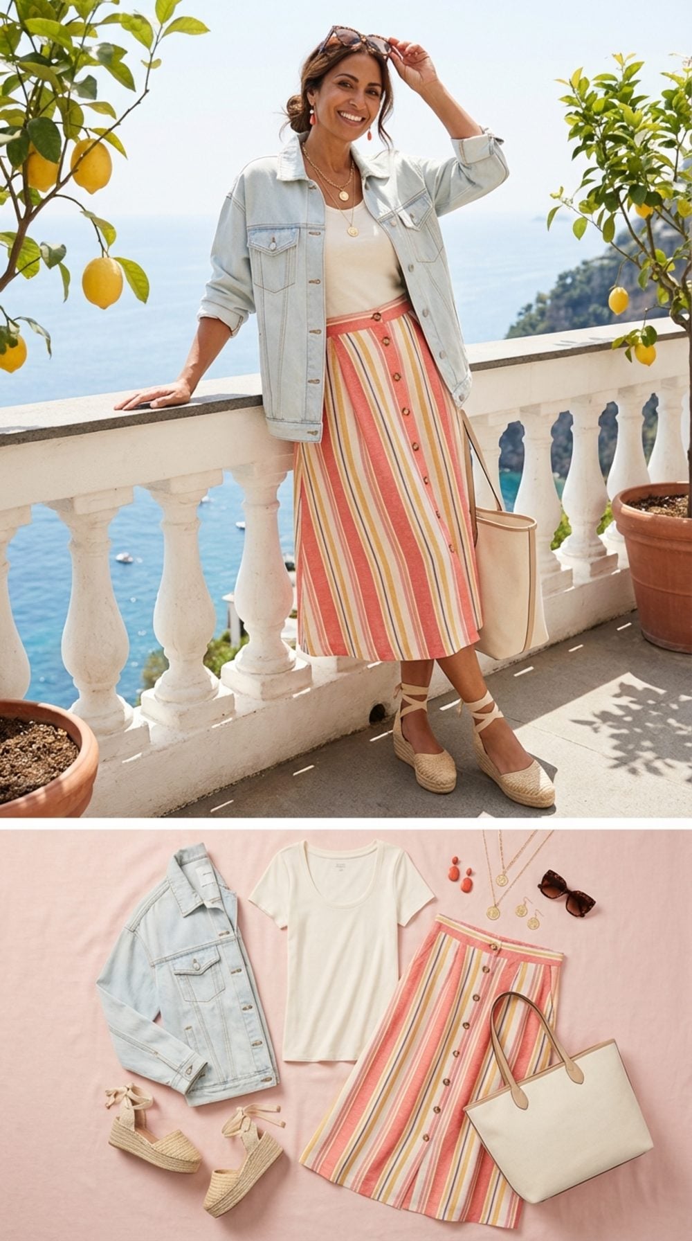 Amalfi Cliffside in Striped Linen and Contrast-Stitch Denim