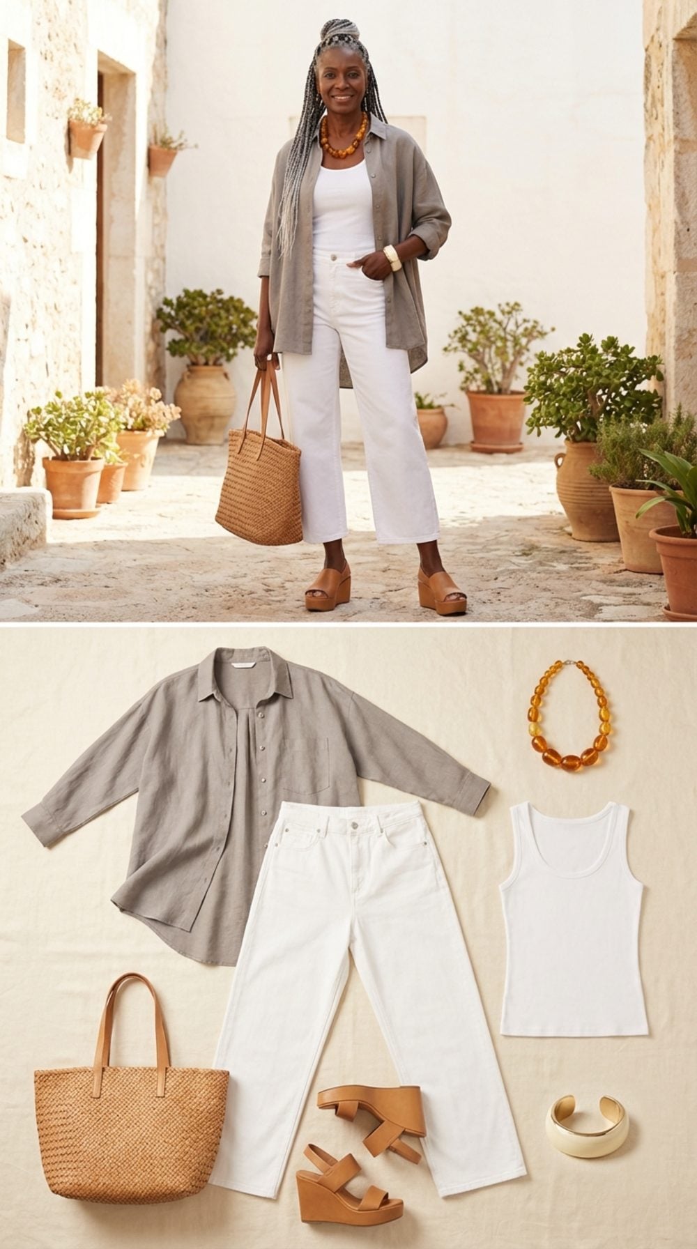 The Relaxed Overshirt Move: White Denim and an Oversized Linen Shirt in Warm Stone