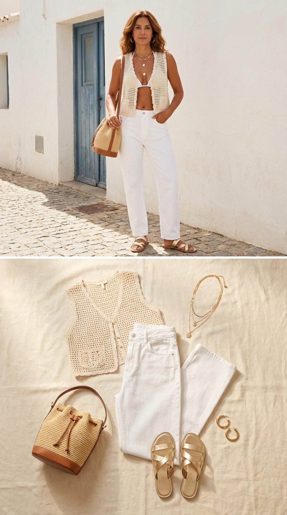 The Beach-to-Bistro Formula: White Denim, a Crochet Vest, and Flat Metallic Sandals